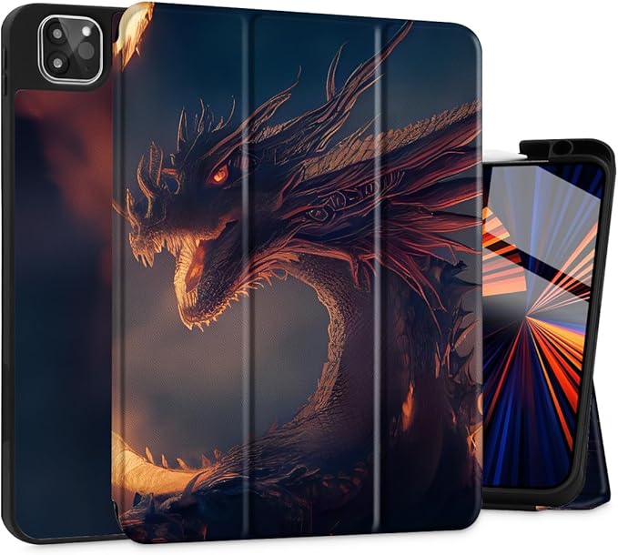 Tuiklo for iPad Pro 12.9 inch 6th / 5th / 4th / 3rd Generation 2022 2021 2020 2018 Release Case- Built in Pencil Holder Slim Protective Cover with Auto Wake/Sleep, Fire Dragon