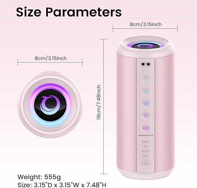 Portable Bluetooth Speaker, 2026 Bluetooth 5.4 Wireless Speaker with 20W HD Loud Stereo Sound, TWS Pairing, 20H playtime, RGB Lights, IP7, Built-in Mic, for Outdoor, Home, Beach, Party, Gift, Pink