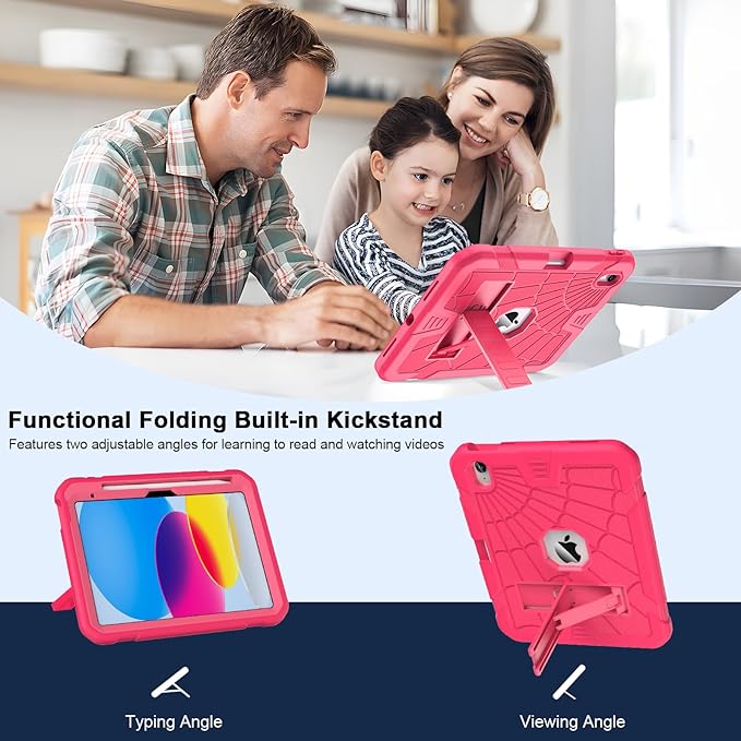 SIBEITU for iPad A16 Case 11th Generation 11-inch 2025 & iPad 10th Generation 10.9-inch 2022, Shockproof Rugged Military Grade Protective Hard 10 Cover Built-in Kickstand for Women & Girls, Hot Pink