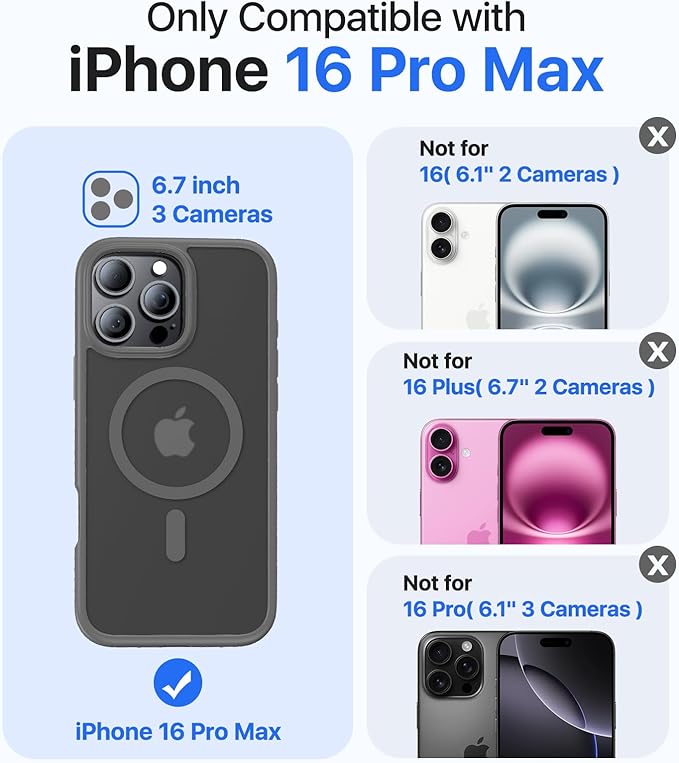 Magnetic for iPhone 16 Pro Max Case[Compatible with MagSafe][Military-Grade Drop Protection][Anti-Yellowing]Shockproof Protective Translucent Matte Cover for iPhone 16 Pro Max Phone Case,Gray