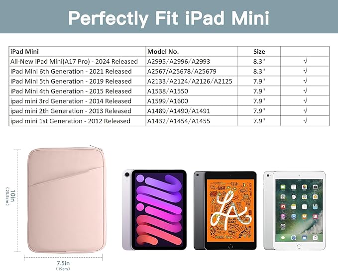 TiMOVO 8-9 Inch Tablet Sleeve Case for All-New iPad mini 7 (A17 Pro, 2024), iPad mini 6 (8.3-Inch, 2021), iPad mini 5/4/3/2/1, Portable Protective Pouch Bag for iPad mini, Pink