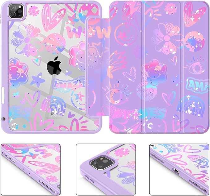 Tuiklol for iPad Pro 12.9 Inch 6th/5th/4th/3rd Generation 2022 2021 2020 2018 Case,Built-in Pencil Holder Clear Transparent Protective Back Shell Cover with Auto Sleep/Wake, Fun Emotions Purple