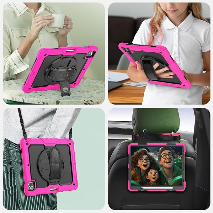 SEYMAC Kids Case for iPad Pro 12.9 2022/2021/ 2020/2018, Heavy Duty Protection Shockproof Case with Screen Protector, 360° Rotating Stand/Handle/Shoulder Strap, Supports Pencil 2 Charging, Pink