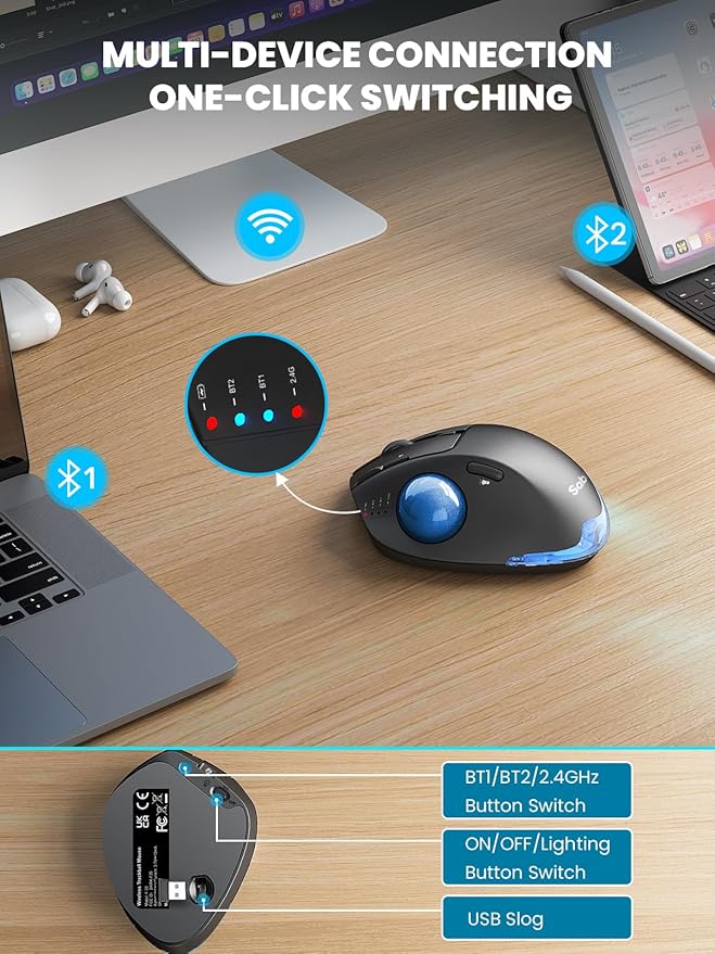 MAM1 Pro Wireless Trackball Mouse, Ergonomic Bluetooth Rechargeable Computer Mouse, Backlit Rollerball Thumb mice with 5 Level DPI, Adjustable Angle, 3 Devices Connection for PC, Windows - Blue Ball