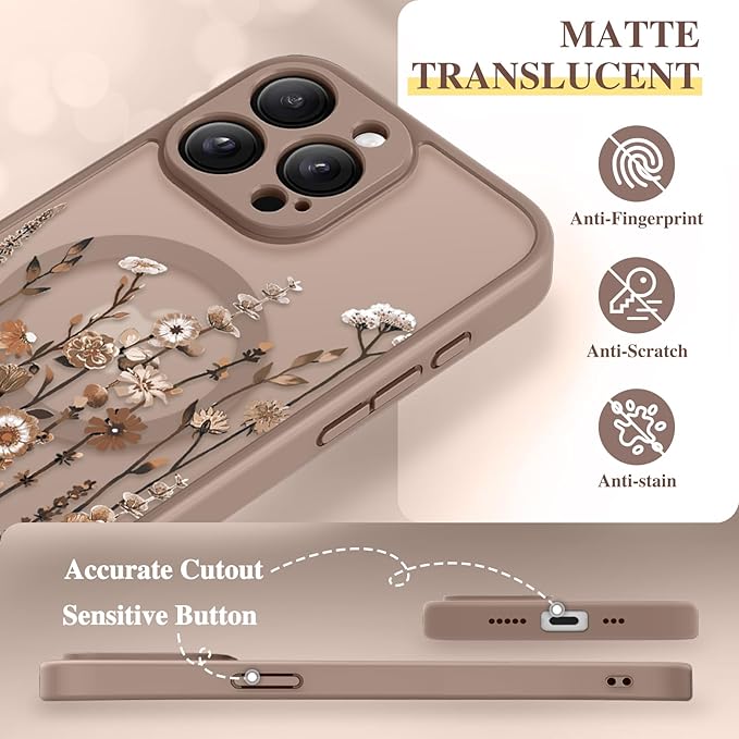 GVIEWIN for iPhone 15 Pro Case Compatible with MagSafe, [Military Grade Protection] [Screen Protector] Full Camera Protection Floral Translucent Women Magnetic Phone Case, Floratopia/Brown