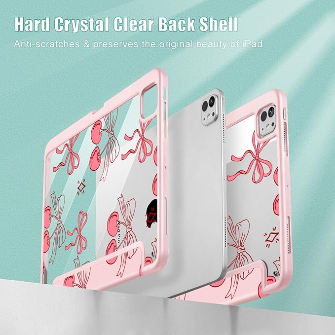 May Chen for iPad Pro 13 Inch Case M5 2025 / M4 2024, Built Pencil Holder & Clear Transparent Print Back Shell Slim Stand Shockproof Tablet Cover, Auto Wake/Sleep, Coquette Cherry Bow