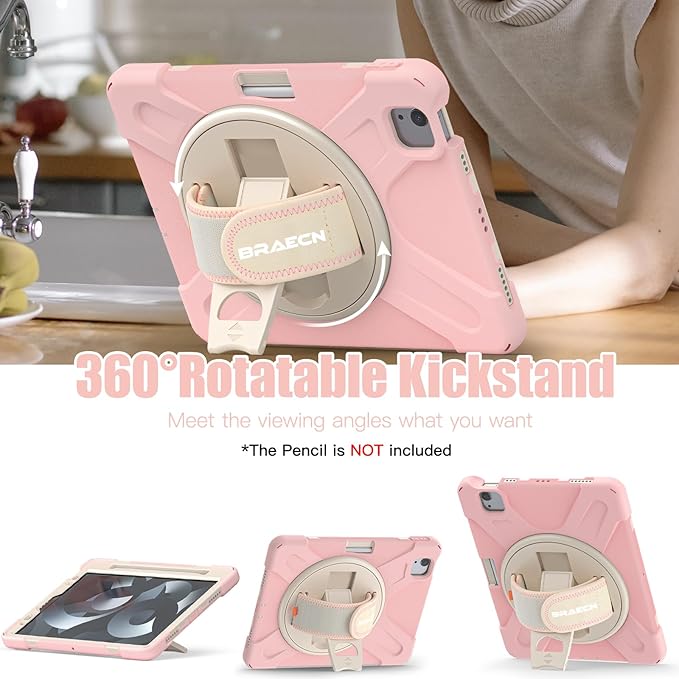 BRAECNstock Kids Case for Apple iPad Air 11 inch (M4/M3/M2)/Air 5th/4th Gen 10.9"/Pro 11 inch 4th/3rd/2nd/1st Gen, Shockproof with Screen Protector, Pen Holder, Rotating Hand Strap+Stand, Sakura Pink