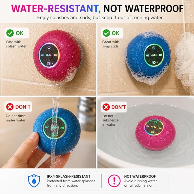 Bluetooth Shower Speaker with LED – Portable Wireless Mini Speaker with Mic & Suction Cup, IPX4 Water Resistant for Shower, Travel, Pool, River Floating, and Outdoor Fun (White)