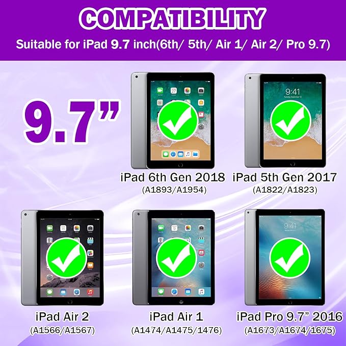 ZoneFoker 9.7" Case for iPad 6th/5th Generation 2018/2017, for iPad Air 2 / Air 1st / Pro 9.7, Heavy Duty Shockproof Protective 9.7 Inch Cover with Built-in Stand for i Pad 6 5 Gen(Black+Purple)