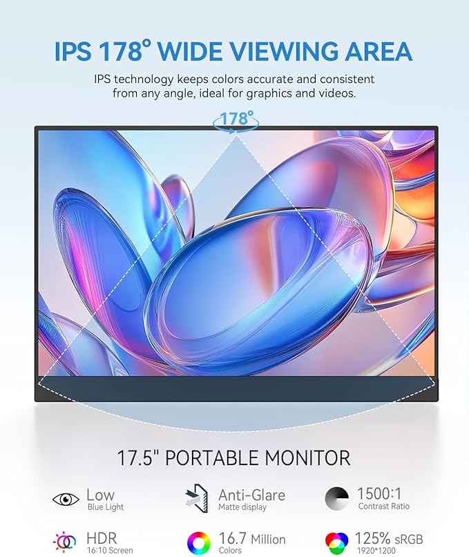 UPERFECT 17.5" Portable Monitor 1920×1200 FHD 16:10 IPS 125% sRGB 400 nits USB-C & HDMI Laptop Extender with 180° Adjustable Stand, Travel Second Screen for MacBook, PC, Phone & Gaming