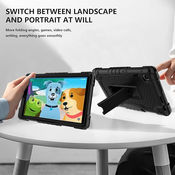 Case for for AT&T Amigo Jr. Tab 8 inch Tablet 9136K - with 2PCS Screen Protector,[Built-in Kickstand] Anti Slip Kids Friendly Shockproof Silicone Protective Cover (Black+2 PCS Glass)