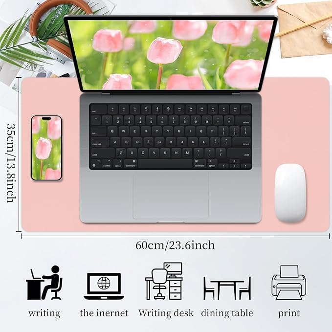 Bloss Pink Leather Desk Mat Protector,Office Desks Mats,Laptop Waterproof Desk Pads,Desks Protector Mats,Cute Computer Mouse Mats,Dual-Side Writing Pads for Office/Home.23.6"x 13.8"