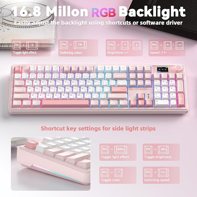 LINGBAO K108 Pro Wireless Mechanical Keyboard with Screen & Knob, Full Size Creamy Keyboard with Number Pad, 10000mAh Battery, PBT Keycaps, RGB Backlit, Hot-swappable Pink Gaming Keyboard for PC/Mac