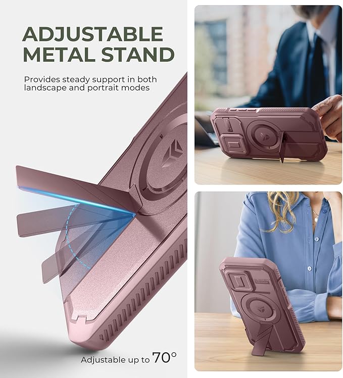Dexnor for iPhone 16 Pro Case with Slide Camera Cover&Adjustable Kickstand & Built-in Screen Protector,Compatible with MagSafe Shockproof Bumper Cases Heavy-Duty Magnetic Protective Cover,Peony Pink