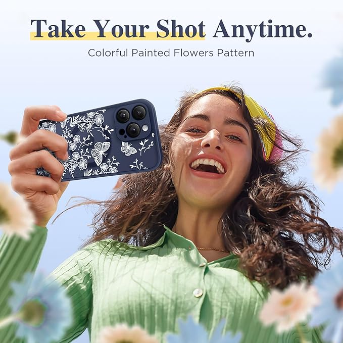 GVIEWIN for iPhone 16 Pro Max Case Compatible with MagSafe, [Military Grade Protection] [Screen Protector] Full Camera Protection Floral Translucent Women Magnetic Phone Case, Tuberose/Blue
