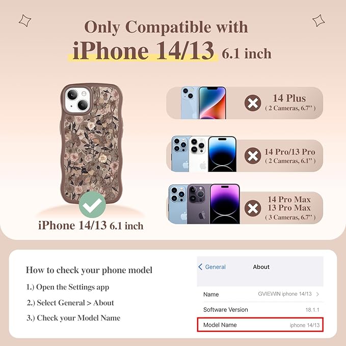 GVIEWIN Cute for iPhone 14 Case & iPhone 13 Case [Compatible with MagSafe] [Curly Wave Edge] Floral Translucent Magnetic Shockproof Protective Phone Cover for iPhone 14/13 6.1'', Apricot Blossom/Brown