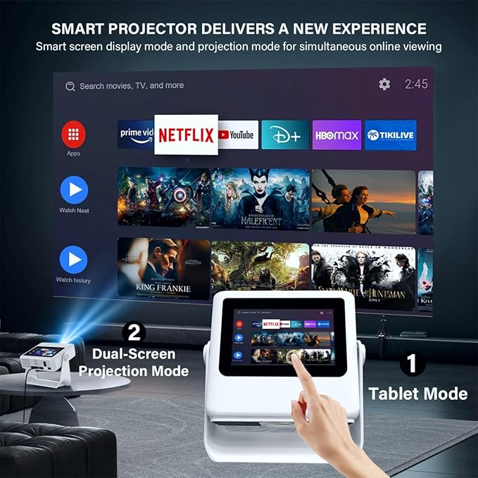 4K Support Native 1080P Touch Screen Projector with WiFi Bluetooth, Auto Focus Smart Portable Game Projector, Built-in Apps Mini Outdoor Movie Projector for Bedroom Home Theater