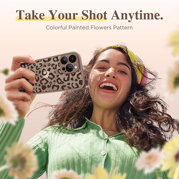 GVIEWIN for iPhone 16 Pro Case Compatible with MagSafe, [Military Grade Protection] [Screen Protector] Full Camera Protection Floral Translucent Women Magnetic Phone Case, Leopard/Brown