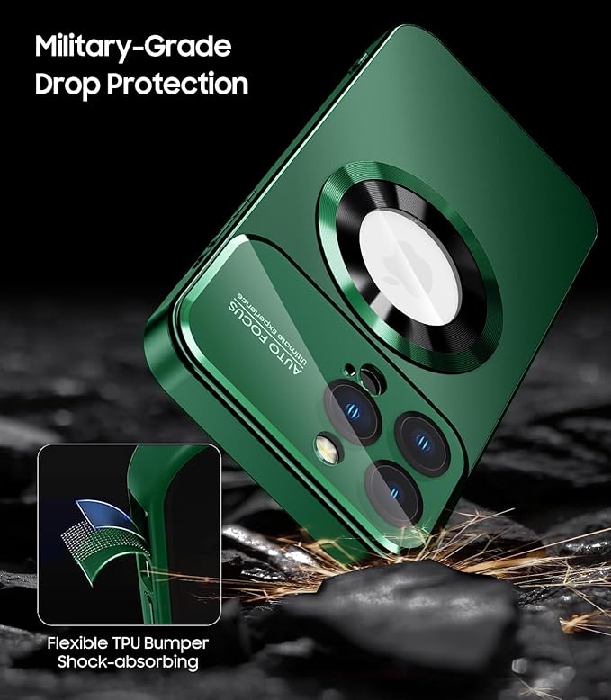 MAKAVO Magnetic for iPhone 13 Pro Max Case, Compatible with MagSafe, Built-in Camera Lens Protector, Logo View, Military Grade Drop Proof Phone Case Cover, Dark Green