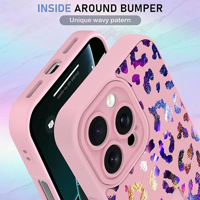 KANGHAR Compatible with iPhone 16 Pro Case, Support for MagSafe, Silicone Cute Iridescent Leopard Cheetah Pattern, Wristband Kickstand Shockproof Protective Slim Cover for Women Girls, Pink