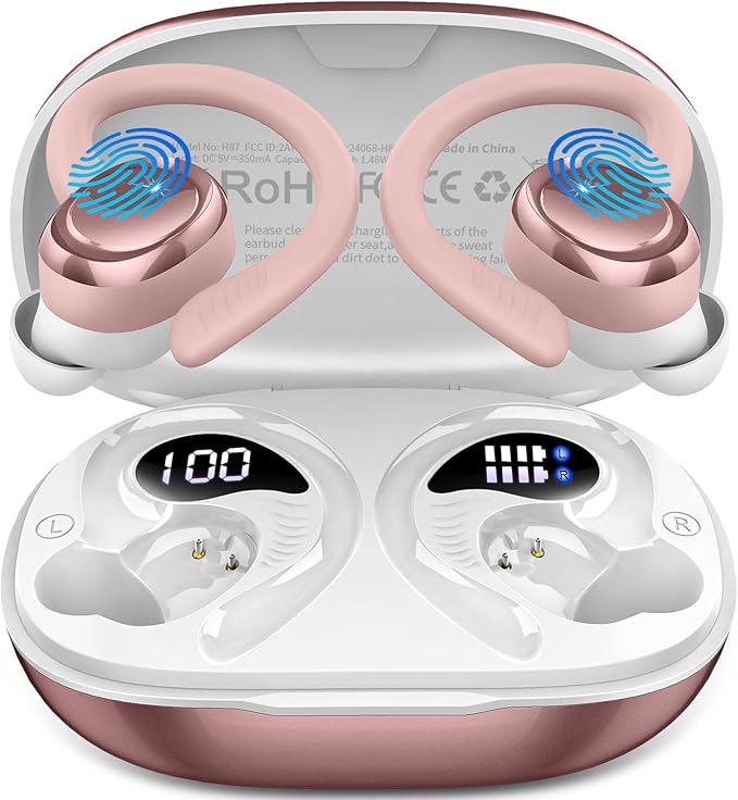 Hupoaf Wireless Earbuds Sport, New Bluetooth 5.4 Headphones with Earhooks, 50H Stereo Deep Bass Over Ear Buds with 4 ENC Noise Canceling Mics, IP7 Waterproof Earphones for Running Workout Gym -Rose