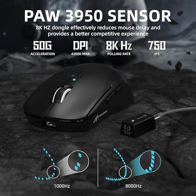 ATTACK SHARK R6 39g Superlight Wireless Gaming Mouse,PixArt PAW3950MAX 42000 DPI,MCU Nodic 52840 Computer Mouse,8K Polling Rate Web Driver,BT/2.4Ghz/Wired Tri-Mode Mice with Coiled Cable-Black