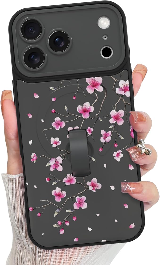 KANGHAR Compatible with iPhone 17 Pro Max Case, Magnetic Compatible with MagSafe, Cute Flower Floral Pattern Wristband Kickstand Full Camera Lens Shockproof Protective Case for Girls Women, Black