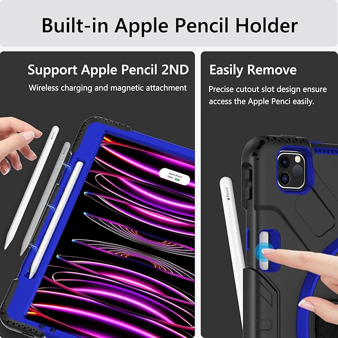 Miesherk Case for iPad Pro 12.9 Inch 6th/5th/4th Generation, Military Grade Heavy Duty Shockproof iPad Pro 12.9 Case - Rotating Stand, Pencil Holder, Hand/Shoulder Strap, Blue+Black