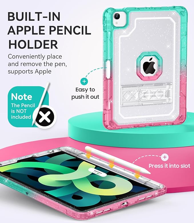 ZoneFoker Case for iPad Air 5th/ 4th Generation Case (2022/2020) 10.9'', for iPad Pro 11 Inch (4th/3rd/2nd/1st Gen), Hard Slim Cover for iPad Air 5 4 th with Pencil Holder/Stand, Pink to Teal Glitter