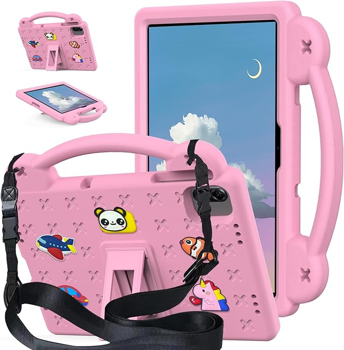 AKABEILA Compatible with Honor Pad X8a 2024/Infinix Xpad 11 inch 2024 Tablet Case, Kids Friendly Universal Lightweight Shockproof Protective Case with Shoulder Strap & Stand Handle Pink