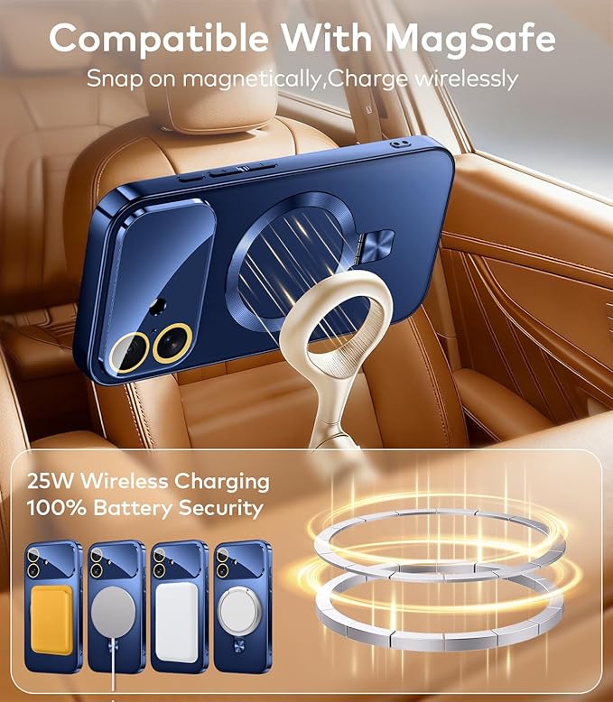 TOBOVON Magnetic for iPhone 17 Case with Ring Stand, Fits MagSafe, with Built-in Camera Lens Protector, Slim Electroplated Shockproof Phone Cover, Blue