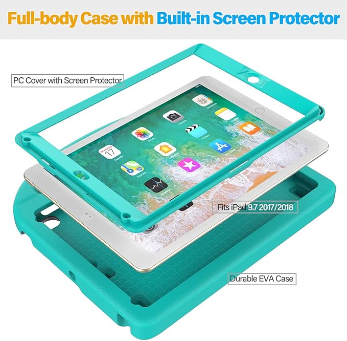 SUPLIK Kids Case for iPad 5th/6th Generation(9.7 inch, 2017/2018), iPad Air 2/1 & Pro 9.7 Kids Case with Screen Protector, Durable Protective Cover with Handle Stand for Apple iPad 5/6 Gen, Cyan