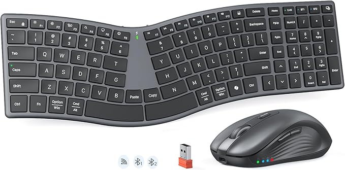 MEETION Ergonomic Keyboard and Mouse Wireless, Split S-Curve Design, 2.4G Wireless & Dual Bluetooth, Slim Low-Profile Rechargeable Full Size Keyboard, 4 DPI Mouse for Windows Mac PC Laptop Computer, Q