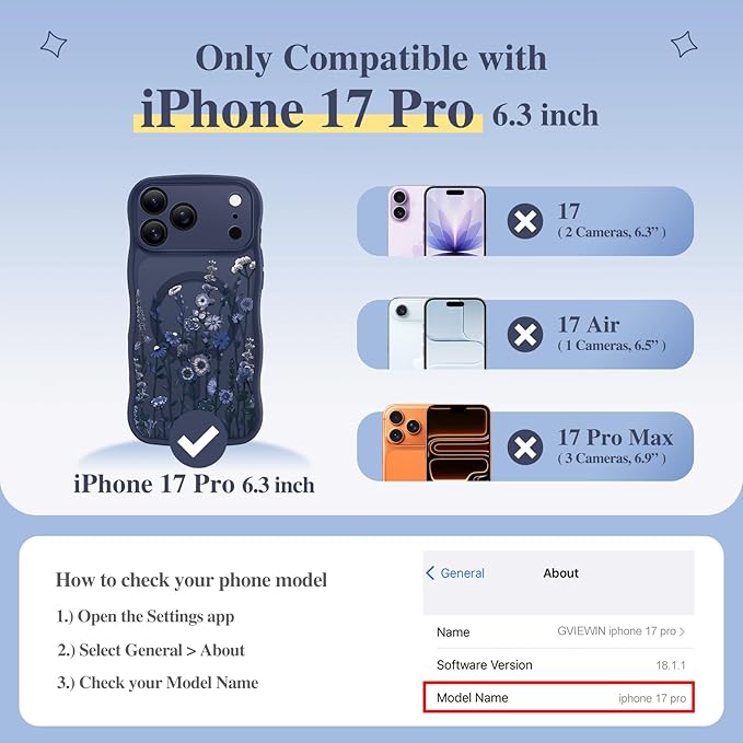 GVIEWIN for iPhone 17 Pro Case Compatible with MagSafe [Curly Wave Edge][Full Camera Protection] Floral Translucent Shockproof Magnetic Women Phone Case for iPhone 17 Pro 6.3'', Floratopia/Blue