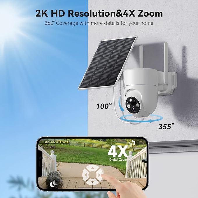 ELYSOO Solar Camera Outdoor Wireless, 2K Color Night Vision, Security Cameras Wireless Outdoor with 360°View, Battery Powered, 2.4GHz WiFi, Instant Alerts, IP65