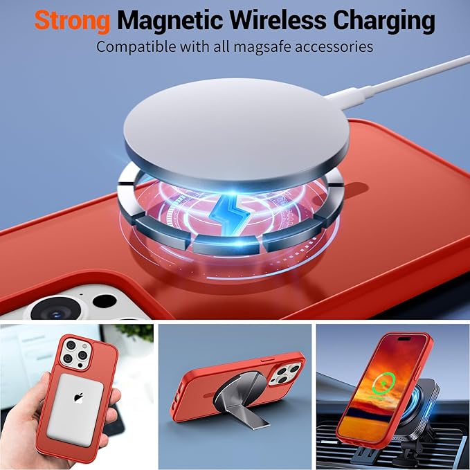 SUPFINE Magnetic for iPhone 15 Pro Max Case (Compatible with MagSafe) (Military Grade Drop Protection) Slim Translucent Matte Shockproof with Anti-Fingerprint Phone Case,Red