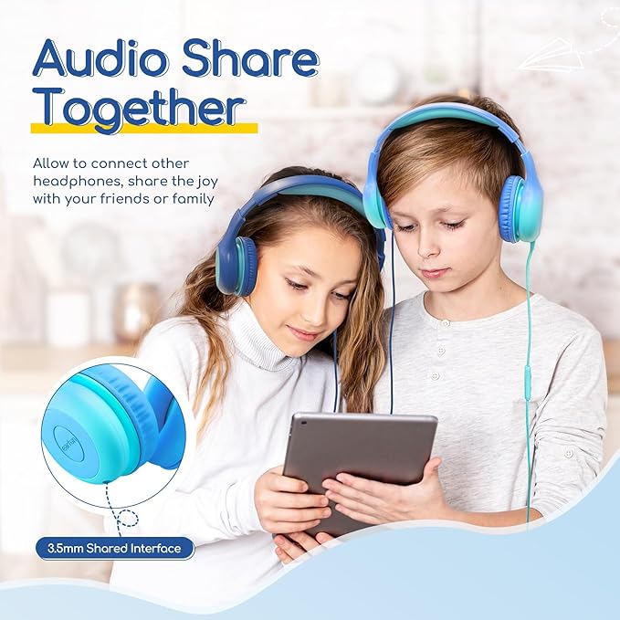 EarFun Kids Headphones Wired with Microphone, USB Type C Headphones for Kids, 85/94dB Volume Limit, Portable Wired Headphone with Shareport, Stereo Sound Foldable Headset for School/Tablet/PC, Cyan