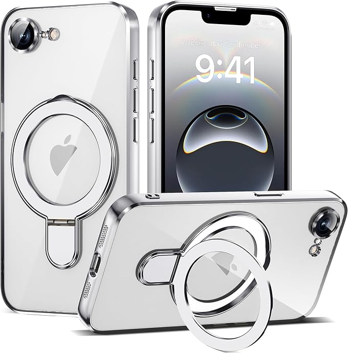 Compatible with iPhone 17E/16E Case with Invisible Magnetic Ring Stand [Compatible with Mag-Safe] [Full Camera Lens Protector] Plating Clear Phone Case for iPhone 17E/16E 6.1", Silver