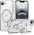 Compatible with iPhone 17E/16E Case with Invisible Magnetic Ring Stand [Compatible with Mag-Safe] [Full Camera Lens Protector] Plating Clear Phone Case for iPhone 17E/16E 6.1", Silver