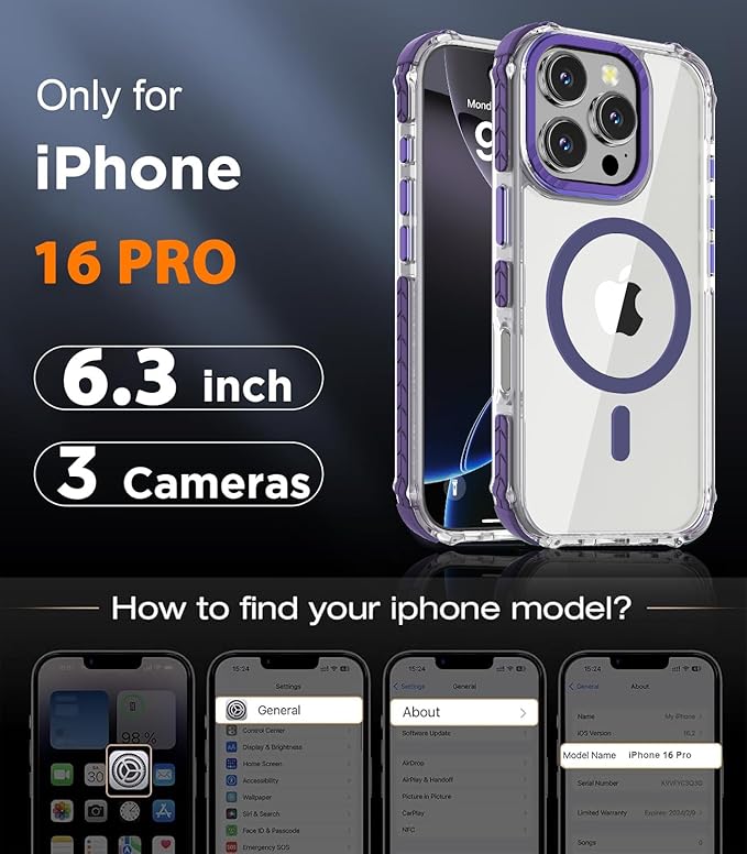 DEERLAMN Strong Magnetic Case for iPhone 16 Pro 6.3-Inch,[Compatible with Magsafe] Clear Slim Shockproof Protective Phone Cover for Women Men-Transparent+Purple