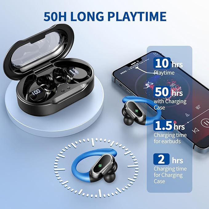 Wireless Earbuds, 2026 Bluetooth 5.4 Headphones Sport, 50Hrs HiFi Stereo Deep Bass Over-Ear buds with ENC Noise Cancelling Mic, IP7 Waterproof & LED Display Earphones with Earhooks for Workout/Running