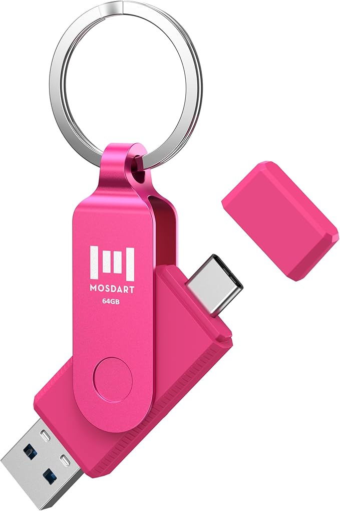 MOSDART 64GB Dual USB 3.2 Type-C Flash Drive, 150MB/S Thumb Drive with Keychain and LED Light, exFAT Memory Stick for iPhone 15, 16 and 17, iPad, Android Phone, MacBook, Laptop, Hot Pink