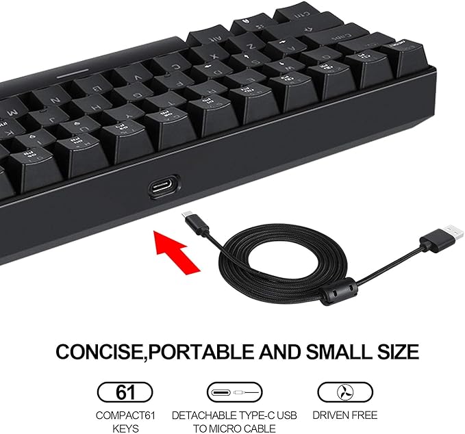 MOTOSPEED 60% Mechanical Keyboard Portable 61 Keys RGB LED Backlit Type-C USB Wired Office/Gaming Keyboard for Mac, Android, Windows（Red Switch）