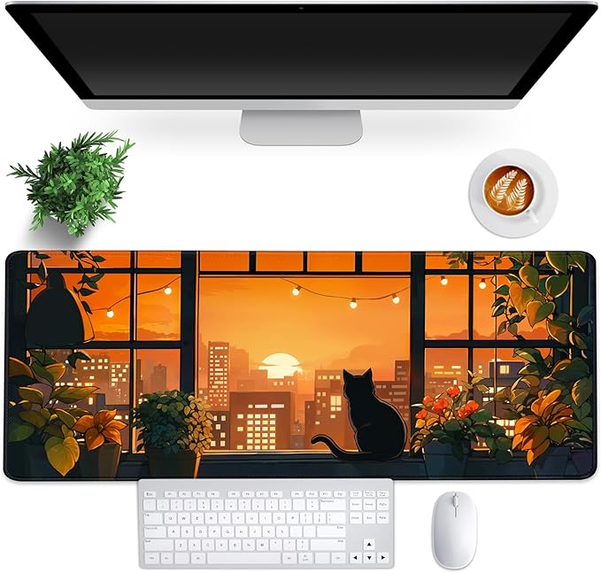 FLY SPRAY® Gaming Mouse Pad for Computer,XXL Cute Cat Mousepad Laptop,Anime Mouse Mat,Extended Large Black Japanese Waterproof Keyboard Pads,Non-Slip Mouse Pads for Game Office Home（31.5 x 11.9 in）