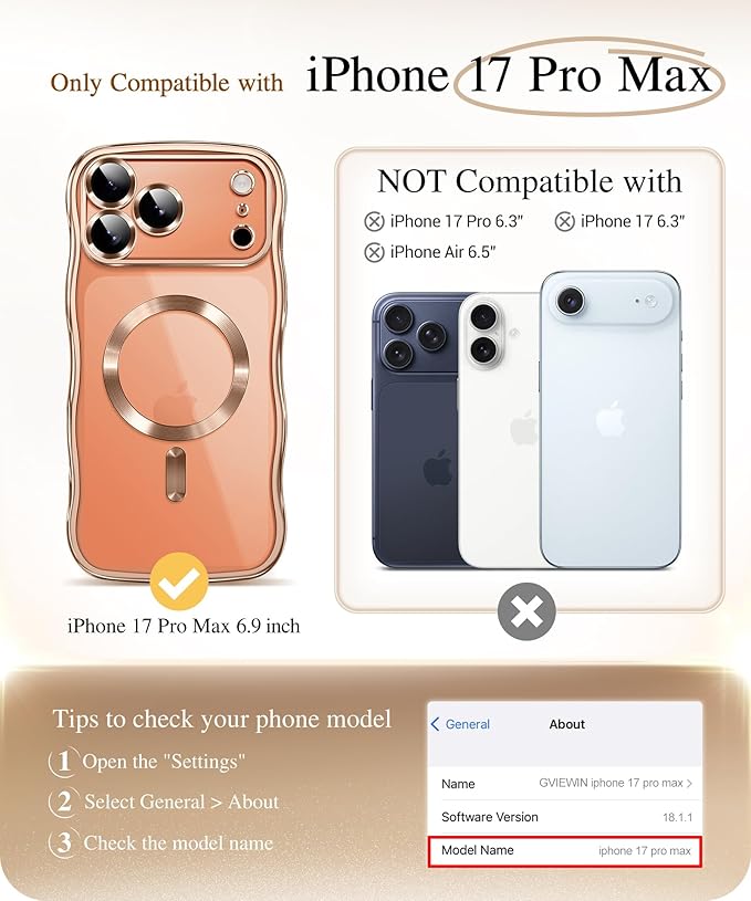 GVIEWIN for iPhone 17 Pro Max Case Compatible with MagSafe, Upgraded [Full Camera Protection][Cute Wave Frame][Military Grade Protection] Electroplated Hard Phone Cover for Women Girl,Clear/Rose Gold