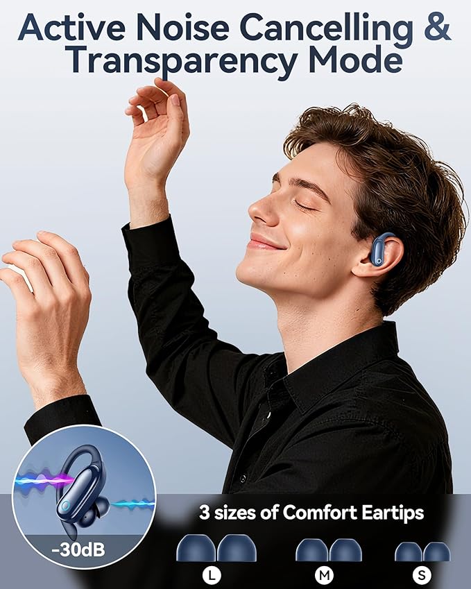 GNMN Active Noise Cancelling Ear Buds Wireless Earbuds 96hrs Playback Bluetooth Headphones Dual Battery Display Stereo Bass Earphones with Earhooks Microphone IPX7 Waterproof for Sports/Runing/Workout
