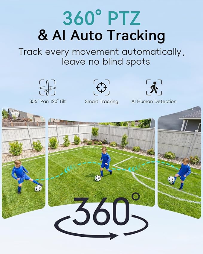 ZUMIMALL 24/7 Recording Solar Security Cameras Wireless Outdoor, 9W Solar Panel, 2K AOV Cameras for Home Security, 360° Auto Tracking, Color Night Vision, 2.4GHz WiFi, 512G Local Storage(Not Include)