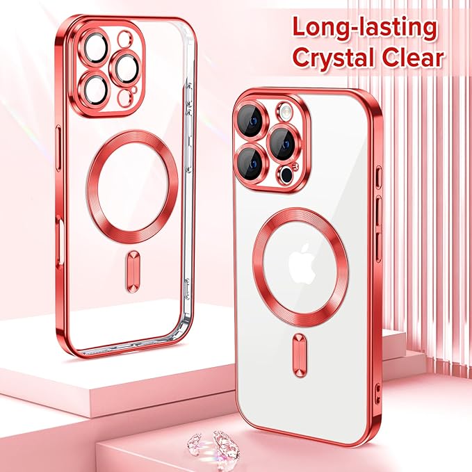 Hython Magnetic Clear for iPhone 16 Pro Max Case with Camera Lens Protector [Compatible with MagSafe] Plating Edge Slim Soft TPU Cover Protective Phone Case for iPhone 16 Pro Max 6.9", Red