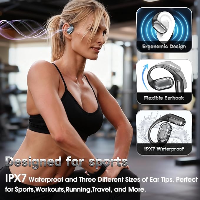 TRAUSI Open Ear Earbuds, Bluetooth 5.4 Headphones with LED Display, 46Hrs Playtime, ENC Noise Cancelling, IPX5 Waterproof, Ergonomic Earhook Design for Running, Workout, Sports (Black)