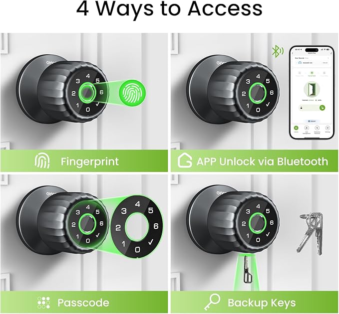 GHome Smart Fingerprint Door Lock, 4-in-1 Fingerprint Door Knob with Keypad, App Control, Keys, Removable & Rechargeable Battery, Door Locks for Bedroom, Home, Garage, Storage Room